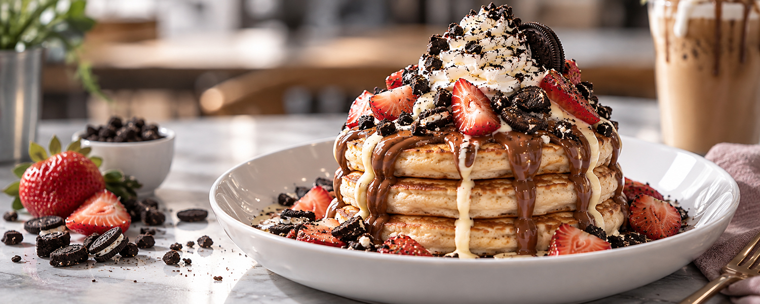 Stacked pancakes with chocolate, strawberries and cream