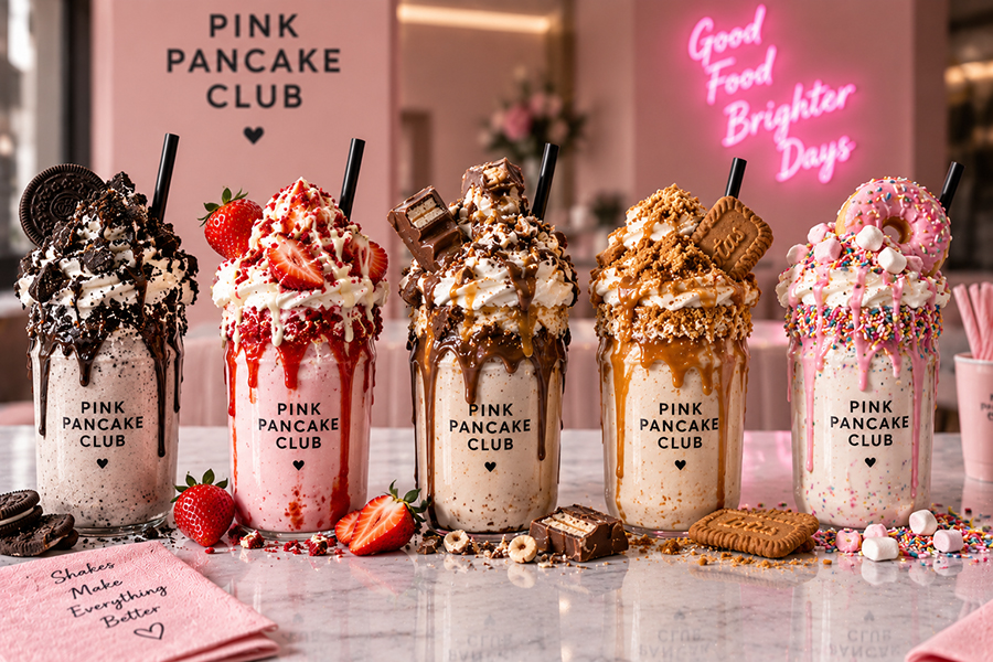 Five loaded milkshakes with toppings