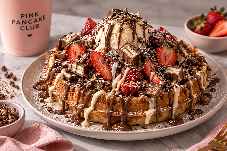 Loaded waffles with ice cream, strawberries and chocolate